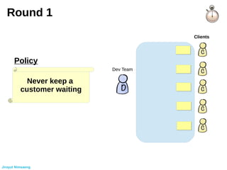 Round 1
Dev Team
Clients
Never keep a
customer waiting
Policy
Jirayut Nimsaeng
 