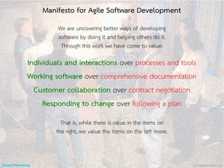 We are uncovering better ways of developing
software by doing it and helping others do it.
Through this work we have come to value:
That is, while there is value in the items on
the right, we value the items on the left more.
Individuals and interactions over processes and tools
Working software over comprehensive documentation
Customer collaboration over contract negotiation
Responding to change over following a plan
Manifesto for Agile Software Development
Jirayut Nimsaeng http://agilemanifesto.org
 
