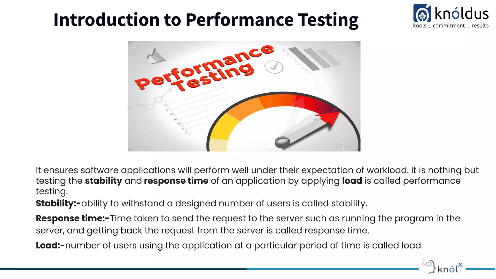 Introduction to Performance Testing
It ensures software applications will perform well under their expectation of workload. it is nothing but
testing the stability and response time of an application by applying load is called performance
testing.
Stability:-ability to withstand a designed number of users is called stability.
Response time:-Time taken to send the request to the server such as running the program in the
server, and getting back the request from the server is called response time.
Load:-number of users using the application at a particular period of time is called load.
 