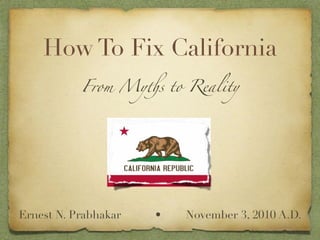 How To Fix California
From My!s to Reality
Ernest N. Prabhakar • November 3, 2010 A.D.
 