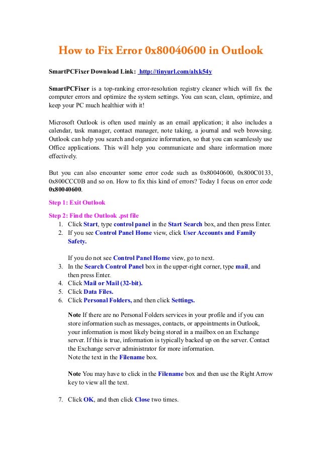 How to fix error 0x80040600 in outlook