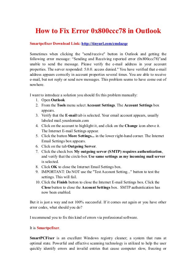 How to fix error 0x800ccc78 in outlook