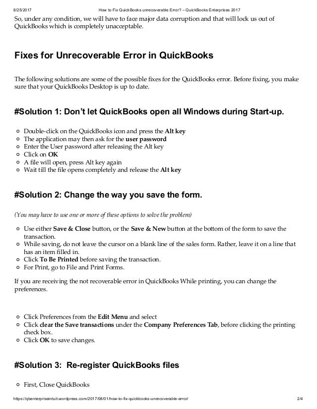 how to fix quick books unrecoverable error quickbooks enterprises quickbooks unrecoverable error