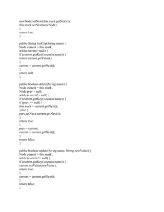 newNode.setNext(this.mark.getNext());
this.mark.setNext(newNode);
}
return true;
}
public String lookUp(String name) {
Node current = this.mark;
while(current!=null) {
if (current.getKey().equals(name)) {
return current.getValue();
}
current = current.getNext();
}
return null;
}
public boolean delete(String name) {
Node current = this.mark;
Node prev = null;
while (current!= null) {
if (current.getKey().equals(name)) {
if (prev == null) {
this.mark = current.getNext();
}else {
prev.setNext(current.getNext());
}
return true;
}
prev = current;
current = current.getNext();
}
return false;
}
public boolean update(String name, String newValue) {
Node current = this.mark;
while (current != null) {
if (current.getKey().equals(name)) {
current.setValue(newValue);
return true;
}
current = current.getNext();
}
return false;
}
 
