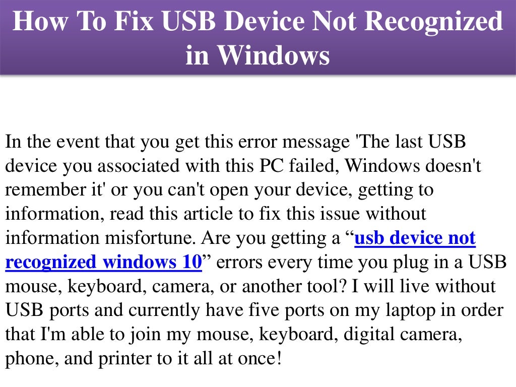 How to fix usb device not recognized in windows