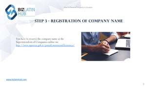 STEP 3 - Registration of company name
www.bizlatinhub.com
You have to reserve the company name at the
Superintendent of Co...