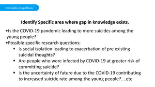 Formulate a hypothesis
Identify Specific area where gap in knowledge exists.
•Is the COVID-19 pandemic leading to more suicides among the
young people?
•Possible specific research questions:
 Is social isolation leading to exacerbation of pre existing
suicidal thoughts?
 Are people who were infected by COVID-19 at greater risk of
committing suicide?
 Is the uncertainty of future due to the COVID-19 contributing
to increased suicide rate among the young people?....etc
 