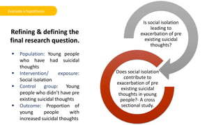 Refining & defining the
final research question.
Is social isolation
leading to
exacerbation of pre
existing suicidal
thoughts?
Does social isolation
contribute to
exacerbation of pre
existing suicidal
thoughts in young
people?- A cross
sectional study.
 Population: Young people
who have had suicidal
thoughts
 Intervention/ exposure:
Social isolation
 Control group: Young
people who didn’t have pre
existing suicidal thoughts
 Outcome: Proportion of
young people with
increased suicidal thoughts
Evaluate a hypothesis
 