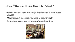 How Often Will We Need to Meet?
• School Wellness Advisory Groups are required to meet at least
2x/year
• More frequent meetings may need to occur initially
• Dependent on ongoing community/school activities
 