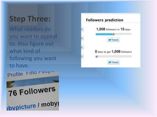 Step Three:
What readers do
you want to appeal
to. Also figure out
what kind of
following you want
to have.
 