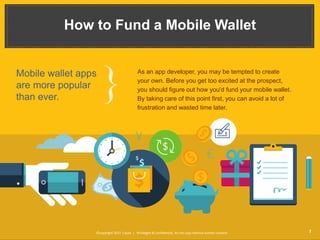 As an app developer, you may be tempted to create
your own. Before you get too excited at the prospect,
you should figure out how you'd fund your mobile wallet.
By taking care of this point first, you can avoid a lot of
frustration and wasted time later.
How to Fund a Mobile Wallet
Mobile wallet apps
are more popular
than ever.
}
©copyright 2015 Cayan | Privileged & Confidential, do not copy without written consent 1
 