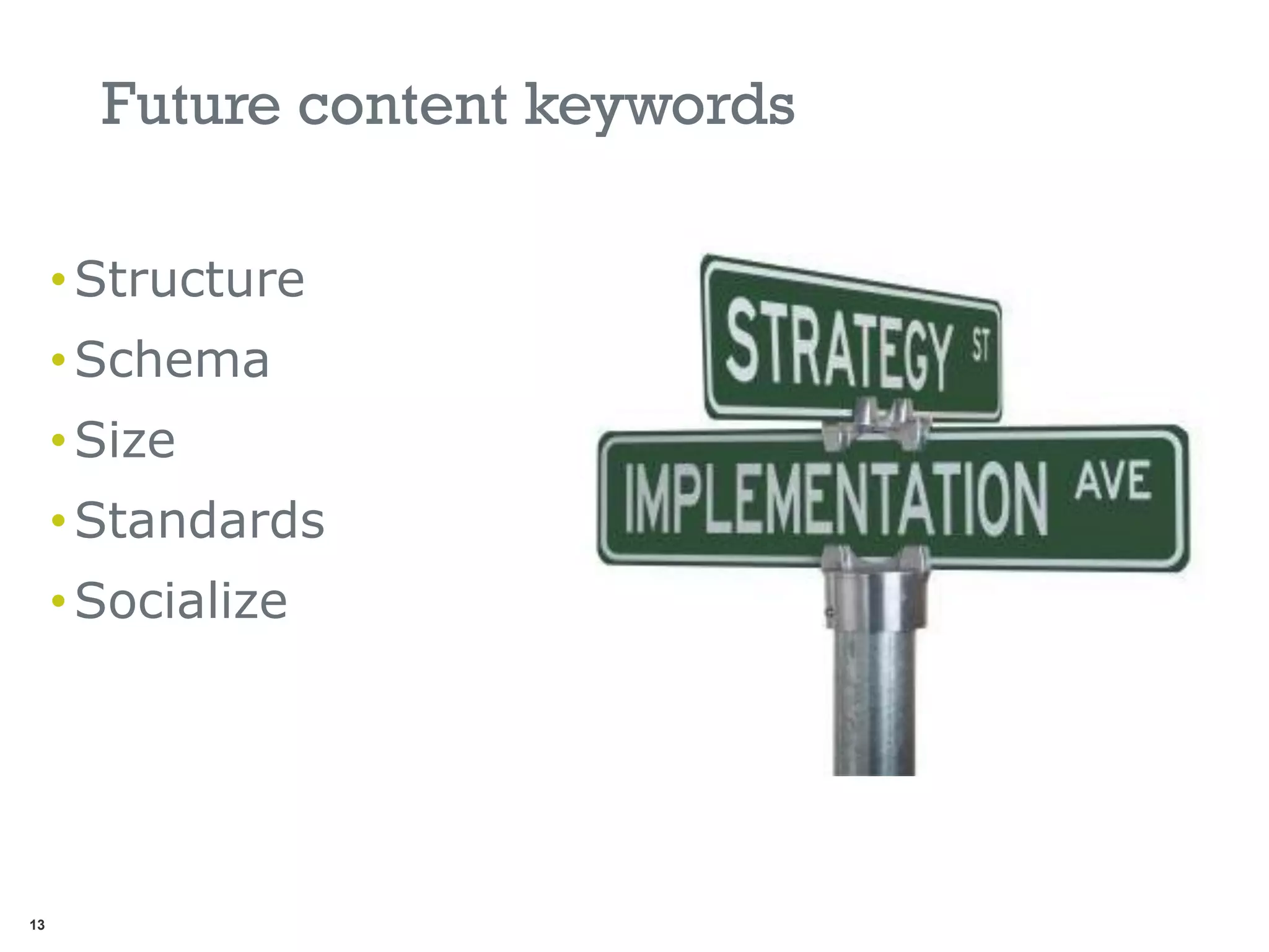 Future content keywords

     • Structure
     • Schema
     • Size
     • Standards
     • Socialize




13
 