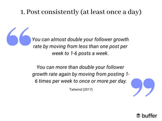 1. Post consistently (at least once a day)
You can almost double your follower growth
rate by moving from less than one po...