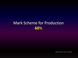 Mark Scheme for Production 
60% 
Marks for your video 
 