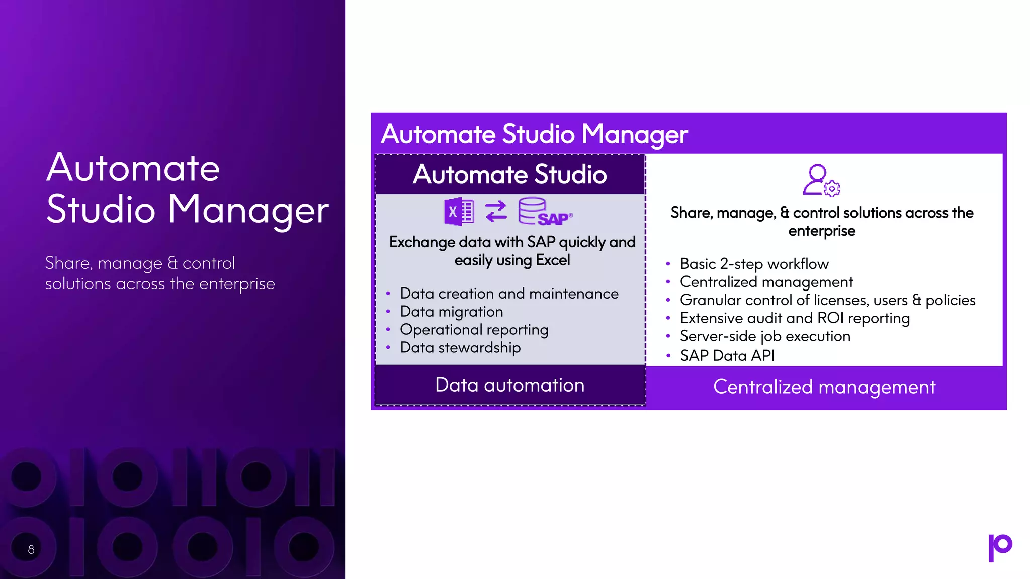 Automate
Studio Manager
Share, manage & control
solutions across the enterprise
8
Automate Studio Manager
Centralized management
Share, manage, & control solutions across the
enterprise
• Basic 2-step workflow
• Centralized management
• Granular control of licenses, users & policies
• Extensive audit and ROI reporting
• Server-side job execution
Exchange data with SAP quickly and
easily using Excel
• Data creation and maintenance
• Data migration
• Operational reporting
• Data stewardship
Data automation
Automate Studio
• SAP Data API
 