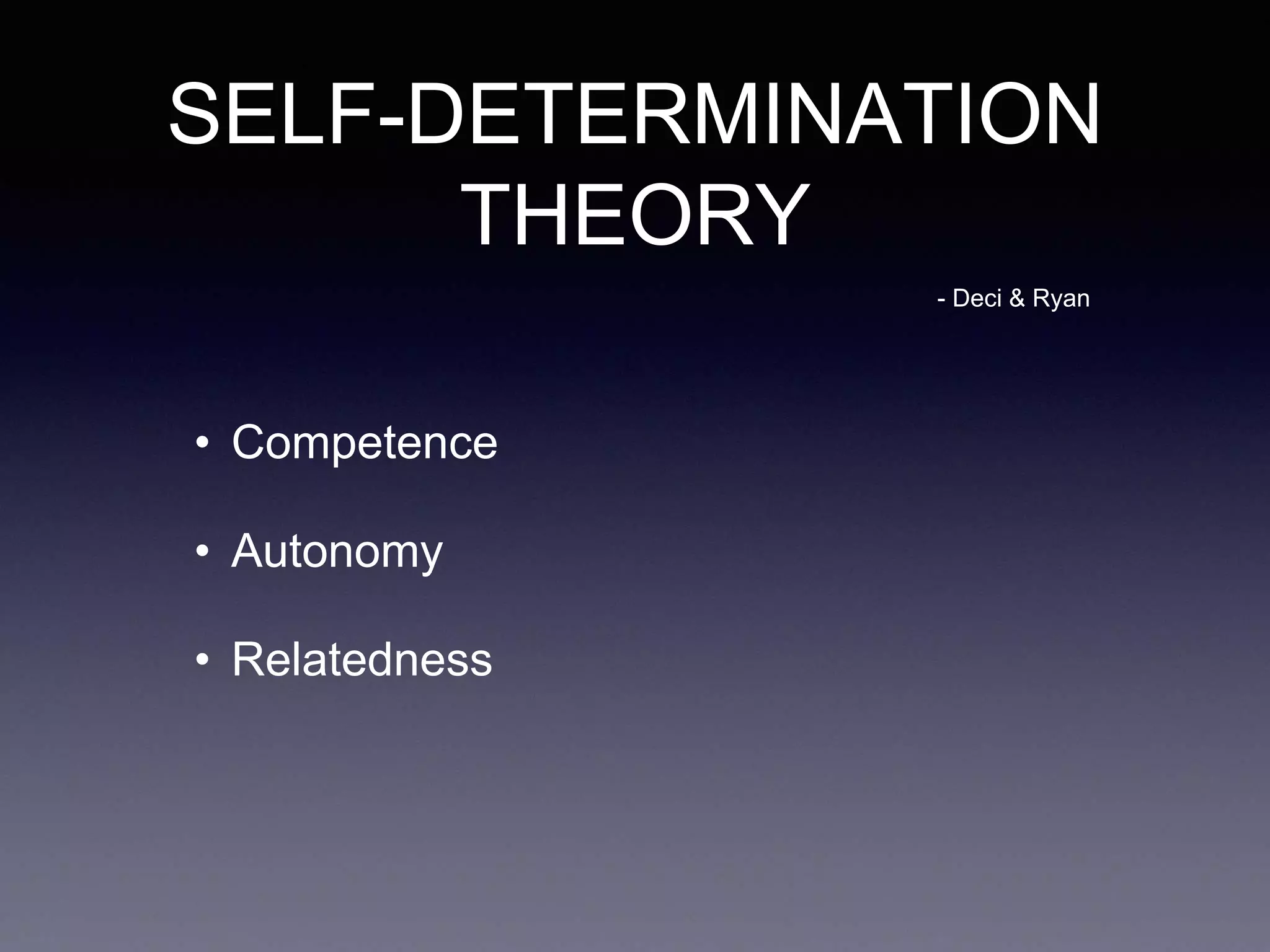 SELF-DETERMINATION
THEORY
• Competence
• Autonomy
• Relatedness
- Deci & Ryan
 