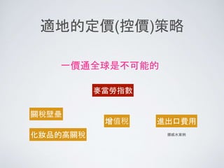 適地的定價(控價)策略
一價通全球是不可能的
麥當勞指數
化妝品的高關稅
關稅壁壘
增值稅 進出口費用
挪威水案例
 
