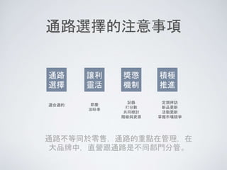 通路選擇的注意事項
通路
選擇
讓利
靈活
獎懲
機制
積極
推進
選合適的
記錄
打分數
共同檢討
階級與資源
定期拜訪
新品更新
活動更新
掌握市場競爭
節慶
淡旺季
通路不等同於零售，通路的重點在管理，在
大品牌中，直營跟通路是不同部門分管。
 
