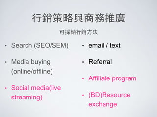行銷策略與商務推廣
• Search (SEO/SEM)
• Media buying
(online/offline)
• Social media(live
streaming)
• email / text
• Referral
• Affiliate program
• (BD)Resource
exchange
可採納行銷方法
 