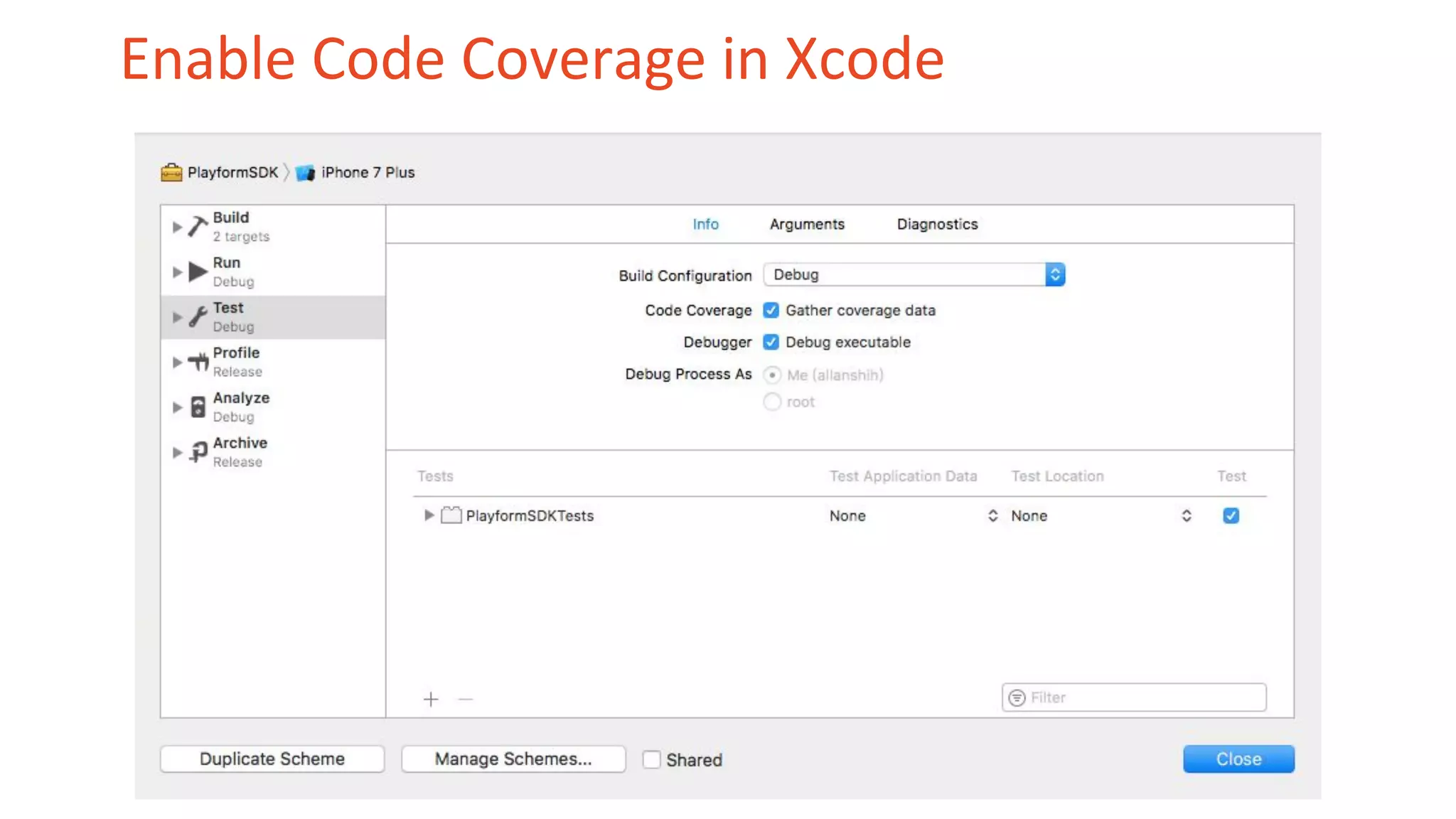 Enable Code Coverage in Xcode 