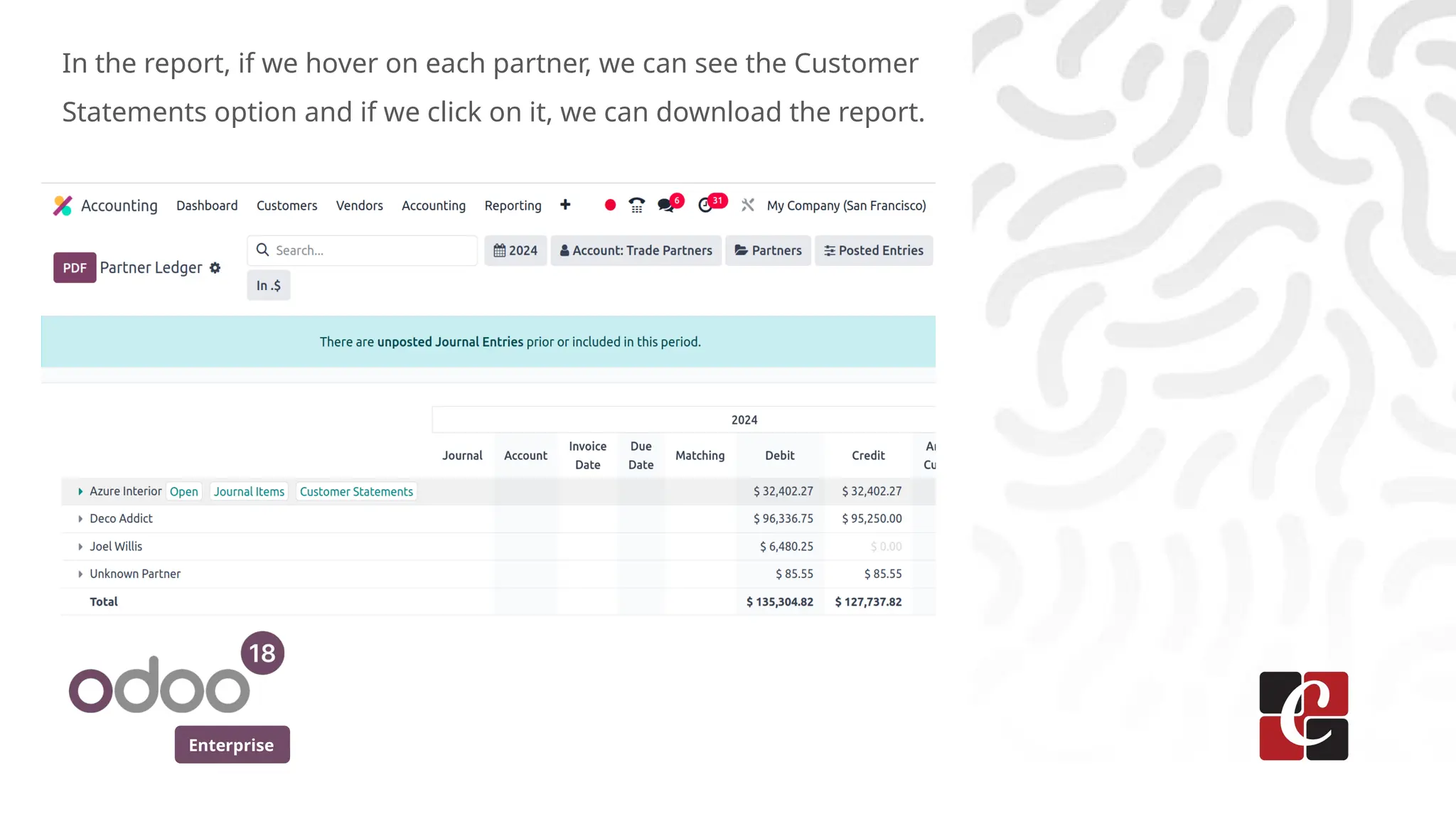 Enterprise
In the report, if we hover on each partner, we can see the Customer
Statements option and if we click on it, we can download the report.
 