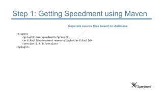 Step 1: Getting Speedment using Maven
<plugin>
<groupId>com.speedment</groupId>
<artifactId>speedment-maven-plugin</artifactId>
<version>3.0.3</version>
</plugin>
Generate source files based on database
 