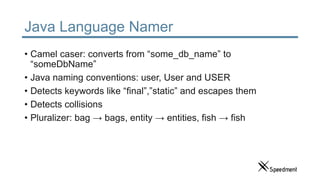 Java Language Namer
• Camel caser: converts from “some_db_name” to
“someDbName”
• Java naming conventions: user, User and USER
• Detects keywords like “final”,”static” and escapes them
• Detects collisions
• Pluralizer: bag → bags, entity → entities, fish → fish
 