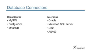 Database Connectors
Open Source
• MySQL
• PostgreSQL
• MariaDB
Enterprise
• Oracle
• Microsoft SQL server
• DB2
• AS400
 