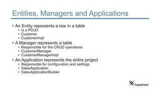 Entities, Managers and Applications
• An Entity represents a row in a table
• Is a POJO
• Customer
• CustomerImpl
• A Manager represents a table
• Responsible for the CRUD operations
• CustomerManager
• CustomerManagerImpl
• An Application represents the entire project
• Responsible for configuration and settings
• SalesApplication
• SalesApplicationBuilder
 