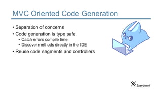 MVC Oriented Code Generation
• Separation of concerns
• Code generation is type safe
• Catch errors compile time
• Discover methods directly in the IDE
• Reuse code segments and controllers
 