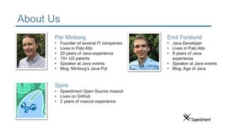 About Us
Per Minborg
• Founder of several IT companies
• Lives in Palo Alto
• 20 years of Java experience
• 15+ US patents
• Speaker at Java events
• Blog: Minborg’s Java Pot
Emil Forslund
• Java Developer
• Lives in Palo Alto
• 8 years of Java
experience
• Speaker at Java events
• Blog: Age of Java
Spire
• Speedment Open Source mascot
• Lives on GitHub
• 2 years of mascot experience
 
