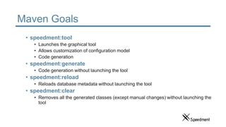 Maven Goals
• speedment:tool
• Launches the graphical tool
• Allows customization of configuration model
• Code generation
• speedment:generate
• Code generation without launching the tool
• speedment:reload
• Reloads database metadata without launching the tool
• speedment:clear
• Removes all the generated classes (except manual changes) without launching the
tool
 