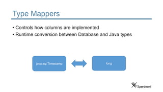Type Mappers
• Controls how columns are implemented
• Runtime conversion between Database and Java types
java.sql.Timestamp long
 