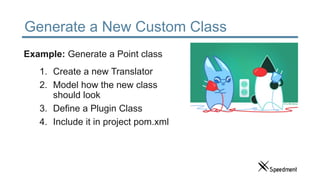 Generate a New Custom Class
1. Create a new Translator
2. Model how the new class
should look
3. Define a Plugin Class
4. Include it in project pom.xml
Example: Generate a Point class
 
