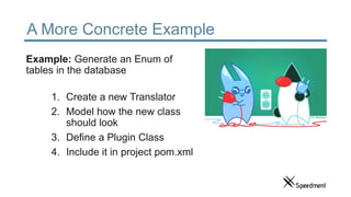 A More Concrete Example
1. Create a new Translator
2. Model how the new class
should look
3. Define a Plugin Class
4. Include it in project pom.xml
Example: Generate an Enum of
tables in the database
 