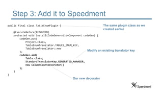 Step 3: Add it to Speedment
public final class TableEnumPlugin {
@ExecuteBefore(RESOLVED)
protected void install(CodeGenerationComponent codeGen) {
codeGen.put(
Project.class,
TableEnumTranslator.TABLES_ENUM_KEY,
TableEnumTranslator::new
);
codeGen.add(
Table.class,
StandardTranslatorKey.GENERATED_MANAGER,
new ColumnCountDecorator()
);
}
}
Modify an existing translator key
Our new decorator
The same plugin class as we
created earlier
 