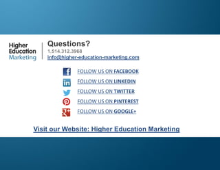 How to Generate More Leads from
Facebook?

Questions?
1.514.312.3968
info@higher-education-marketing.com

FOLLOW US ON FACEBOOK
FOLLOW US ON LINKEDIN
FOLLOW US ON TWITTER

FOLLOW US ON PINTEREST
FOLLOW US ON GOOGLE+

Visit our Website: Higher Education Marketing

Slide 14

 