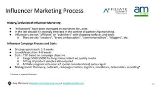 Influencer Marketing Process
History/Evolution of Influencer Marketing
● “Influencers” have been leveraged by marketers for…ever.
● In the last decade it’s strongly emerged in the context of partnership marketing.
● Influencers are not “affiliates” or “publishers” with shopping surfaces and deals.
○ They are aka “creators”, “brand ambassadors”, “commerce editors”, “bloggers”, etc.
Influencer Campaign Process and Costs
● Discovery/outreach: 1-2 weeks
● Launch/execution: 4-8 weeks
● Costs: TBD based on campaign objective
○ Range $500-$5000 for long-form content w/ quality media
○ Gifting of product samples also required
○ Affiliate program inclusion (w/ special considerations) encouraged
● Management: Discovery, outreach, campaign creation, logistics, milestones, deliverables, reporting*
13
Gary Marcoccia • linkedin.com/in/garymarcoccia • gary@gravityfed.com
* In-house vs. agency/PR services.
 