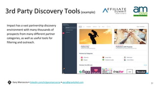 3rd Party Discovery Tools(example)
Impact has a vast partnership discovery
environment with many thousands of
prospects from many different partner
categories, as well as useful tools for
filtering and outreach.
31
Gary Marcoccia • linkedin.com/in/garymarcoccia • gary@gravityfed.com
 