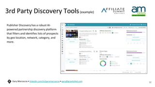 3rd Party Discovery Tools(example)
Publisher Discovery has a robust AI-
powered partnership discovery platform
that filters and identifies lists of prospects
by geo location, network, category, and
more.
32
Gary Marcoccia • linkedin.com/in/garymarcoccia • gary@gravityfed.com
 