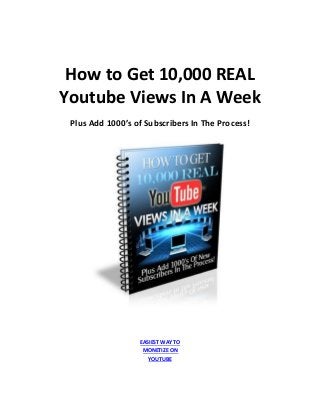 How to Get 10,000 REAL
Youtube Views In A Week
Plus Add 1000’s of Subscribers In The Process!
EASIEST WAY TO
MONETIZE ON
YOUTUBE
 