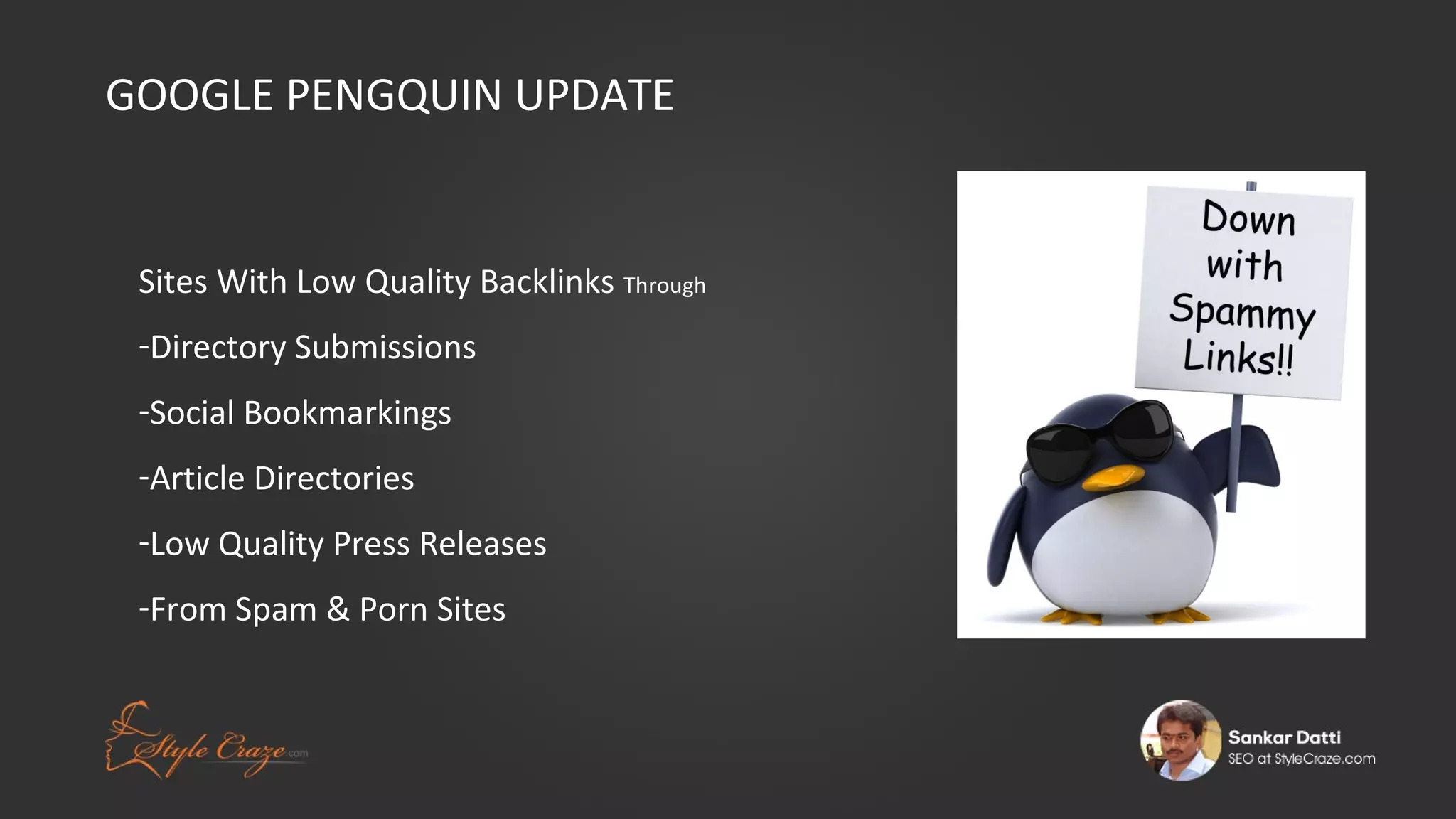 GOOGLE PENGQUIN UPDATE

Sites With Low Quality Backlinks Through
-Directory Submissions
-Social Bookmarkings
-Article Directories
-Low Quality Press Releases
-From Spam & Porn Sites

 