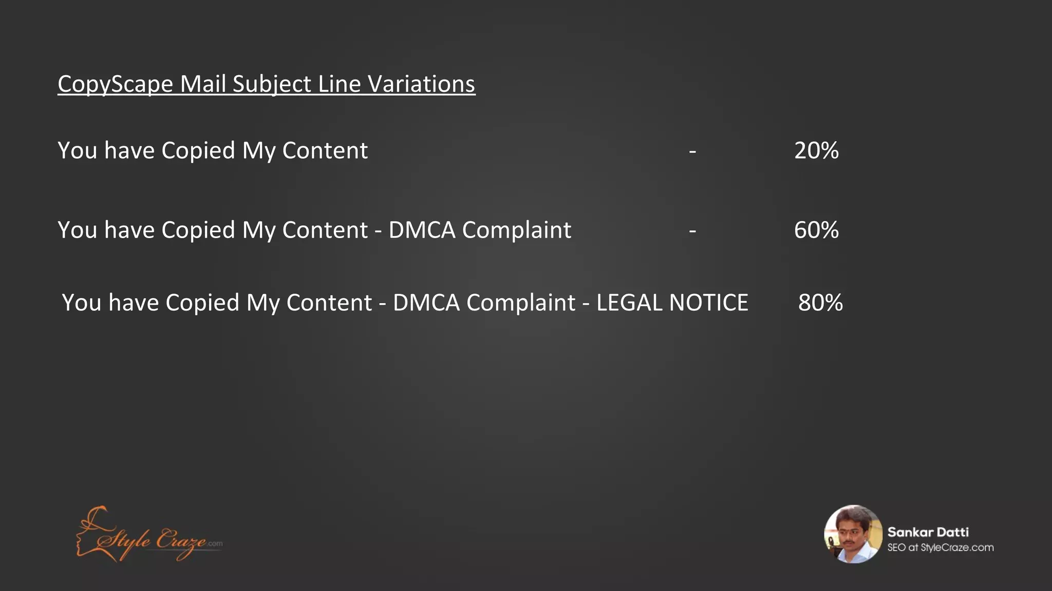 CopyScape Mail Subject Line Variations
You have Copied My Content

-

20%

You have Copied My Content - DMCA Complaint

-

60%

You have Copied My Content - DMCA Complaint - LEGAL NOTICE

80%

 