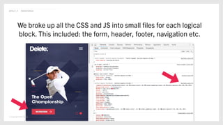 © Copyright 2019 Delete
@POLLY_P #BRIGHTONSEO
We broke up all the CSS and JS into small ﬁles for each logical
block. This included: the form, header, footer, navigation etc.
 