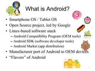 Smartphone OS / Tablet OS Open Source project, led by Google Linux-based software stack Android Compatibility Program (OEM tools) Android SDK (software developer tools) Android Market (app distribution) Manufacturer port of Android to OEM devices “ Flavors” of Android What is Android? 