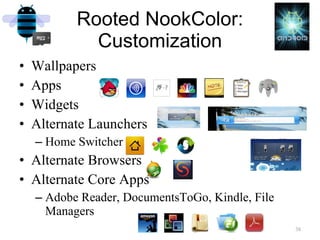 Wallpapers Apps Widgets Alternate Launchers Home Switcher Alternate Browsers Alternate Core Apps Adobe Reader, DocumentsToGo, Kindle, File Managers Rooted NookColor: Customization 
