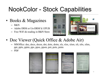 NookColor - Stock Capabilities Books & Magazines B&N Adobe DRM or Un-DRM’d: EPUB Free WiFi & reading in B&N Store Doc Viewer (Quick Office & Adobe Air) MSOffice: doc, docx, docm, dot, dotx, dotm, xls, xlsx, xlsm, xlt, xltx, xltm, ppt, pptx, pptm, pps, ppsx, ppsm, pot, potx, potm PDF 
