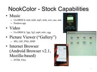 Music Un-DRM’d: mid, midi, mp3, m4a, wav, aac, amr Pandora app Video Un-DRM’d: 3gp, 3g2, mp4, m4v, ogg Picture Viewer (“Gallery”) JPG, GIF, PNG, BMP Internet Browser  (Android Browser v2.1,  Mozilla-based) HTML Files NookColor - Stock Capabilities 