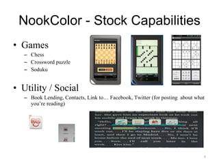 NookColor - Stock Capabilities Games Chess Crossword puzzle Soduku Utility / Social Book Lending, Contacts, Link to… Facebook, Twitter (for posting  about what you’re reading) 