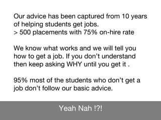 Our advice has been captured from 10 years
of helping students get jobs.
> 500 placements with 75% on-hire rate
We know what works and we will tell you
how to get a job. If you don’t understand
then keep asking WHY until you get it .
95% most of the students who don’t get a
job don’t follow our basic advice.
Yeah Nah !?!
 